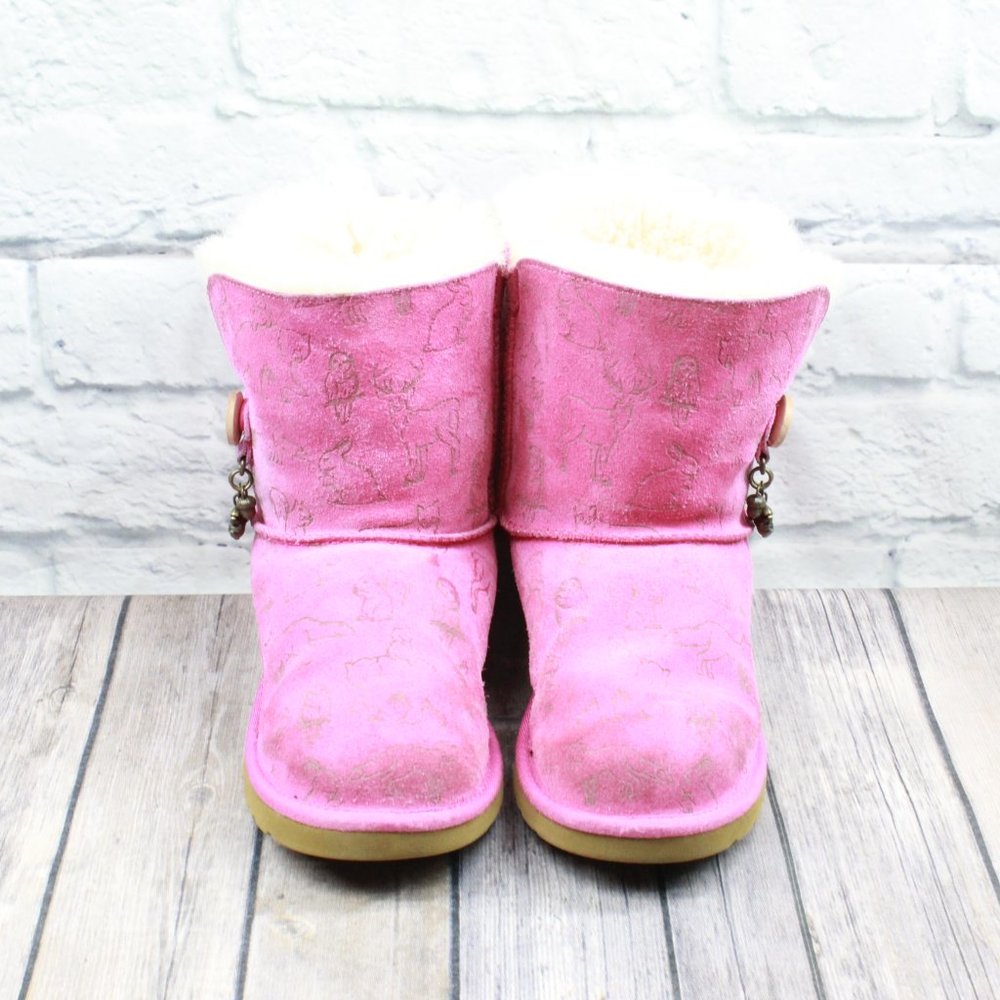 UGG Australia Fauna Princess Pink Suede Sheepskin Button Charm Winter Boots US 4 - Picture 6 of 10